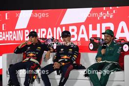 (L to R): Sergio Perez (MEX) Red Bull Racing; Max Verstappen (NLD) Red Bull Racing; and Fernando Alonso (ESP) Aston Martin F1 Team, in the post race FIA Press Conference. 05.03.2023. Formula 1 World Championship, Rd 1, Bahrain Grand Prix, Sakhir, Bahrain, Race Day.