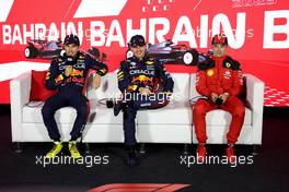 (L to R): Sergio Perez (MEX) Red Bull Racing; Max Verstappen (NLD) Red Bull Racing; ans Charles Leclerc (MON) Ferrari, in the post qualifying FIA Press Conference. 04.03.2023. Formula 1 World Championship, Rd 1, Bahrain Grand Prix, Sakhir, Bahrain, Qualifying Day.