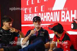 (L to R): Pierre Gasly (FRA) Alpine F1 Team; Max Verstappen (NLD) Red Bull Racing; and Charles Leclerc (MON) Ferrari, in the FIA Press Conference. 02.03.2023. Formula 1 World Championship, Rd 1, Bahrain Grand Prix, Sakhir, Bahrain, Preparation Day.