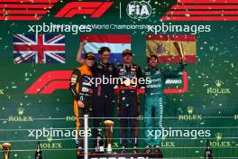  The podium (L to R): Lando Norris (GBR) McLaren, second; Jeff Calam (GBR) Red Bull Racing Senior Projects Engineer; Max Verstappen (NLD) Red Bull Racing, race winner; Fernando Alonso (ESP) Aston Martin F1 Team, third. 05.11.2023. Formula 1 World Championship, Rd 21, Brazilian Grand Prix, Sao Paulo, Brazil, Race Day.