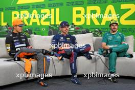 (L to R): Lando Norris (GBR) McLaren ; Max Verstappen (NLD) Red Bull Racing; and Fernando Alonso (ESP) Aston Martin F1 Team, in the post race FIA Press Conference. 05.11.2023. Formula 1 World Championship, Rd 21, Brazilian Grand Prix, Sao Paulo, Brazil, Race Day.