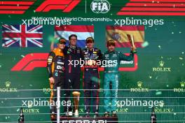  The podium (L to R): Lando Norris (GBR) McLaren, second; Jeff Calam (GBR) Red Bull Racing Senior Projects Engineer; Max Verstappen (NLD) Red Bull Racing, race winner; Fernando Alonso (ESP) Aston Martin F1 Team, third. 05.11.2023. Formula 1 World Championship, Rd 21, Brazilian Grand Prix, Sao Paulo, Brazil, Race Day.