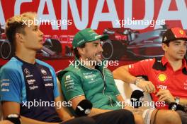 (L to R): Alexander Albon (THA) Williams Racing; Fernando Alonso (ESP) Aston Martin F1 Team and Charles Leclerc (MON) Ferrari in the FIA Press Conference. 15.06.2023. Formula 1 World Championship, Rd 9, Canadian Grand Prix, Montreal, Canada, Preparation Day.