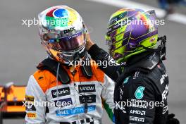 (L to R): Lando Norris (GBR) McLaren celebrates his second position with third placed Lewis Hamilton (GBR) Mercedes AMG F1. 09.07.2023. Formula 1 World Championship, Rd 11, British Grand Prix, Silverstone, England, Race Day.
