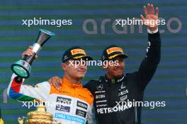 Lando Norris (GBR) McLaren and Lewis Hamilton (GBR) Mercedes AMG F1. 09.07.2023. Formula 1 World Championship, Rd 11, British Grand Prix, Silverstone, England, Race Day.