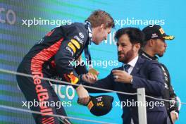 Race winner Max Verstappen (NLD) Red Bull Racing celebrates on the podium with Mohammed Bin Sulayem (UAE) FIA President. 09.07.2023. Formula 1 World Championship, Rd 11, British Grand Prix, Silverstone, England, Race Day.