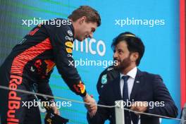 Race winner Max Verstappen (NLD) Red Bull Racing celebrates on the podium with Mohammed Bin Sulayem (UAE) FIA President. 09.07.2023. Formula 1 World Championship, Rd 11, British Grand Prix, Silverstone, England, Race Day.
