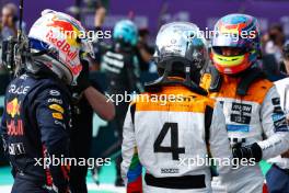 (L to R): Pole sitter Max Verstappen (NLD) Red Bull Racing with Lando Norris (GBR) McLaren and Oscar Piastri (AUS) McLaren in qualifying parc ferme. 08.07.2023. Formula 1 World Championship, Rd 11, British Grand Prix, Silverstone, England, Qualifying Day.