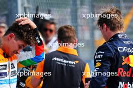 (L to R): Second placed Lando Norris (GBR) McLaren with pole sitter Max Verstappen (NLD) Red Bull Racing in qualifying parc ferme. 08.07.2023. Formula 1 World Championship, Rd 11, British Grand Prix, Silverstone, England, Qualifying Day.