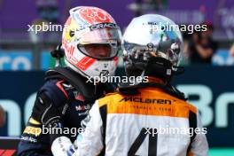Pole sitter Max Verstappen (NLD) Red Bull Racing with second placed Lando Norris (GBR) McLaren in qualifying parc ferme. 08.07.2023. Formula 1 World Championship, Rd 11, British Grand Prix, Silverstone, England, Qualifying Day.