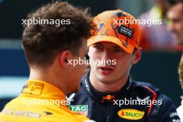 Pole sitter Max Verstappen (NLD) Red Bull Racing in qualifying parc ferme with second placed Lando Norris (GBR) McLaren. 08.07.2023. Formula 1 World Championship, Rd 11, British Grand Prix, Silverstone, England, Qualifying Day.