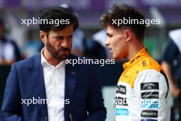 (L to R): Mohammed Bin Sulayem (UAE) FIA President with second placed Lando Norris (GBR) McLaren in qualifying parc ferme. 08.07.2023. Formula 1 World Championship, Rd 11, British Grand Prix, Silverstone, England, Qualifying Day.