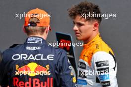 (L to R): Pole sitter Max Verstappen (NLD) Red Bull Racing with second placed Lando Norris (GBR) McLaren in qualifying parc ferme. 08.07.2023. Formula 1 World Championship, Rd 11, British Grand Prix, Silverstone, England, Qualifying Day.