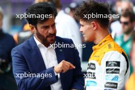 (L to R): Mohammed Bin Sulayem (UAE) FIA President with second placed Lando Norris (GBR) McLaren in qualifying parc ferme. 08.07.2023. Formula 1 World Championship, Rd 11, British Grand Prix, Silverstone, England, Qualifying Day.