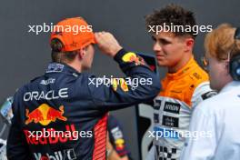 (L to R): Pole sitter Max Verstappen (NLD) Red Bull Racing with second placed Lando Norris (GBR) McLaren in qualifying parc ferme. 08.07.2023. Formula 1 World Championship, Rd 11, British Grand Prix, Silverstone, England, Qualifying Day.