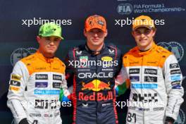 Top three in qualifying parc ferme (L to R): Lando Norris (GBR) McLaren, second; Max Verstappen (NLD) Red Bull Racing, pole position; Oscar Piastri (AUS) McLaren, third. 08.07.2023. Formula 1 World Championship, Rd 11, British Grand Prix, Silverstone, England, Qualifying Day.