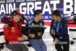(L to R): Charles Leclerc (MON) Ferrari; Esteban Ocon (FRA) Alpine F1 Team; and Alexander Albon (THA) Williams Racing, in the FIA Press Conference. 06.07.2023. Formula 1 World Championship, Rd 11, British Grand Prix, Silverstone, England, Preparation Day.
