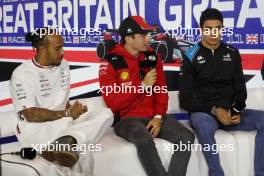 (L to R): Lewis Hamilton (GBR) Mercedes AMG F1 with Charles Leclerc (MON) Ferrari and Esteban Ocon (FRA) Alpine F1 Team in the FIA Press Conference. 06.07.2023. Formula 1 World Championship, Rd 11, British Grand Prix, Silverstone, England, Preparation Day.