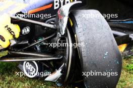 The damaged Red Bull Racing RB19 of Sergio Perez (MEX) Red Bull Racing, who crashed in the first practice session. 21.07.2023. Formula 1 World Championship, Rd 12, Hungarian Grand Prix, Budapest, Hungary, Practice Day.
