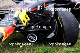 The damaged Red Bull Racing RB19 of Sergio Perez (MEX) Red Bull Racing, who crashed in the first practice session. 21.07.2023. Formula 1 World Championship, Rd 12, Hungarian Grand Prix, Budapest, Hungary, Practice Day.
