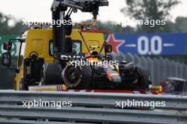 The damaged Red Bull Racing RB19 of Sergio Perez (MEX) is recovered back to the pits on the back of a truck. 21.07.2023. Formula 1 World Championship, Rd 12, Hungarian Grand Prix, Budapest, Hungary, Practice Day.
