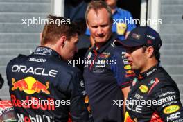 (L to R): Race winner Max Verstappen (NLD) Red Bull Racing in parc ferme with team mate Sergio Perez (MEX) Red Bull Racing. 23.07.2023. Formula 1 World Championship, Rd 12, Hungarian Grand Prix, Budapest, Hungary, Race Day.