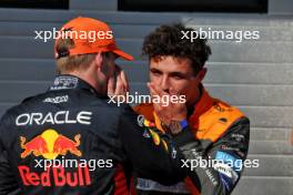 (L to R): Race winner Max Verstappen (NLD) Red Bull Racing in parc ferme with second placed Lando Norris (GBR) McLaren. 23.07.2023. Formula 1 World Championship, Rd 12, Hungarian Grand Prix, Budapest, Hungary, Race Day.