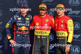 Qualifying top three in parc ferme (L to R): Max Verstappen (NLD) Red Bull Racing, second; Carlos Sainz Jr (ESP) Ferrari, pole position; Charles Leclerc (MON) Ferrari, third. 02.09.2023. Formula 1 World Championship, Rd 15, Italian Grand Prix, Monza, Italy, Qualifying Day.