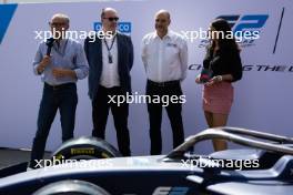 (L to R): Stefano Domenicali (ITA) Formula One President and CEO; Robert Reid (GBR) FIA Deputy President for Sport; Bruno Michel (FRA) F2 and F3 Chief Executive Officer; Laura Winter (GBR) F1 Presenter - 2024 F2 car is unveiled. 31.08.2023. Formula 1 World Championship, Rd 15, Italian Grand Prix, Monza, Italy, Preparation Day.