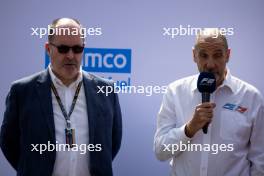 (L to R): Robert Reid (GBR) FIA Deputy President for Sport and Bruno Michel (FRA) F2 and F3 Chief Executive Officer - 2024 F2 car is unveiled. 31.08.2023. Formula 1 World Championship, Rd 15, Italian Grand Prix, Monza, Italy, Preparation Day.
