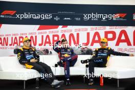 Qualifying top three in the FIA Press Conference (L to R): Oscar Piastri (AUS) McLaren, second; Max Verstappen (NLD) Red Bull Racing, pole position; Lando Norris (GBR) McLaren, third. 23.09.2023. Formula 1 World Championship, Rd 17, Japanese Grand Prix, Suzuka, Japan, Qualifying Day.