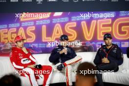 (L to R): Charles Leclerc (MON) Ferrari; Max Verstappen (NLD) Red Bull Racing; and Sergio Perez (MEX) Red Bull Racing, in the post race FIA Press Conference. 18.11.2023. Formula 1 World Championship, Rd 22, Las Vegas Grand Prix, Las Vegas, Nevada, USA, Race Day.