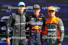 Qualifying top three in parc ferme (L to R): George Russell (GBR) Mercedes AMG F1, third; Max Verstappen (NLD) Red Bull Racing, pole position; Lando Norris (GBR) McLaren, second. 26.08.2023. Formula 1 World Championship, Rd 14, Dutch Grand Prix, Zandvoort, Netherlands, Qualifying Day.