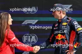 Max Verstappen (NLD) Red Bull Racing receives the Pirelli Pole Position Award from Marta Garcia (ESP) Racing Driver. 26.08.2023. Formula 1 World Championship, Rd 14, Dutch Grand Prix, Zandvoort, Netherlands, Qualifying Day.