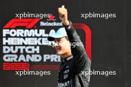 George Russell (GBR) Mercedes AMG F1 celebrates his third position in qualifying parc ferme. 26.08.2023. Formula 1 World Championship, Rd 14, Dutch Grand Prix, Zandvoort, Netherlands, Qualifying Day.