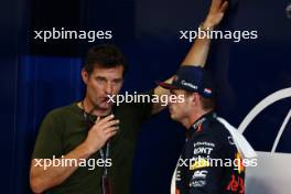 (L to R): Mark Webber (AUS) Channel 4 Presenter / Driver Manager with Max Verstappen (NLD) Red Bull Racing in qualifying parc ferme. 06.10.2023 Formula 1 World Championship, Rd 18, Qatar Grand Prix, Doha, Qatar, Qualifying Day.