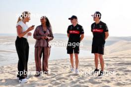 (L to R): Rachel Brookes (GBR) Sky Sports F1 Reporter; Naomi Schiff (RWA) / (BEL) Sky Sports F1 Presenter; Valtteri Bottas (FIN) Alfa Romeo F1 Team; Zhou Guanyu (CHN) Alfa Romeo F1 Team - Desert Dune Buggy experience. 04.10.2023. Formula 1 World Championship, Rd 18, Qatar Grand Prix, Doha, Qatar, Preparation Day.
