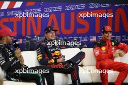 (L to R): Lewis Hamilton (GBR) Mercedes AMG F1; Max Verstappen (NLD) Red Bull Racing; and Charles Leclerc (MON) Ferrari,  in the post Sprint FIA Press Conference. 21.10.2023. Formula 1 World Championship, Rd 19, United States Grand Prix, Austin, Texas, USA, Sprint Day.