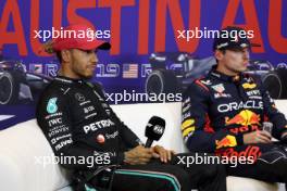 (L to R): Lewis Hamilton (GBR) Mercedes AMG F1 and Max Verstappen (NLD) Red Bull Racing in the post Sprint FIA Press Conference. 21.10.2023. Formula 1 World Championship, Rd 19, United States Grand Prix, Austin, Texas, USA, Sprint Day.