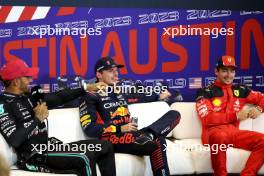 (L to R): Lewis Hamilton (GBR) Mercedes AMG F1; Max Verstappen (NLD) Red Bull Racing; and Charles Leclerc (MON) Ferrari,  in the post Sprint FIA Press Conference. 21.10.2023. Formula 1 World Championship, Rd 19, United States Grand Prix, Austin, Texas, USA, Sprint Day.
