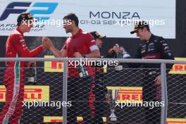 The podium: Ayumu Iwasa (JPN) Dams, second; Oliver Bearman (GBR) Prema Racing, race winner; Theo Pourchaire (FRA) ART Grand Prix, third. 03.09.2023. Formula 2 Championship, Rd 13, Feature Race, Monza, Italy, Sunday.