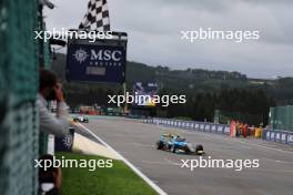 Race winner Taylor Barnard (GBR) Jenzer Motorsport takes the chequered flag at the end of the race. 30.07.2023. Formula 3 Championship, Rd 9, Feature Race, Spa-Francorchamps, Belgium, Sunday.