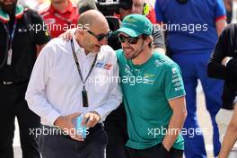 Fernando Alonso (ESP) Aston Martin F1 Team with Bruno Michel (FRA) F2 and F3 Chief Executive Officer in parc ferme. 05.03.2023. FIA Formula 3 Championship, Rd 1, Feature Race, Sakhir, Bahrain, Sunday.