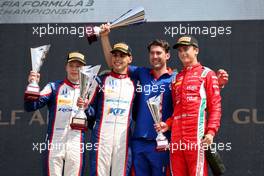 The podium (L to R): Oliver Goethe (GER) Trident, second; Gabriel Bortoleto (BRA) Trident race winner; Dino Beganovic (SWE) Prema Racing, third. 05.03.2023. FIA Formula 3 Championship, Rd 1, Feature Race, Sakhir, Bahrain, Sunday.