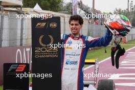 Second placed Gabriel Bortoleto (BRA) Trident celebrates winning the 2023 F3 Championship in parc ferme. 02.09.2023. Formula 3 Championship, Rd 10, Sprint Race, Monza, Italy, Saturday.