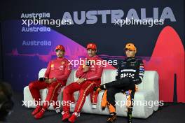 (L to R): Charles Leclerc (MON) Ferrari; Carlos Sainz Jr (ESP) Ferrari; and Lando Norris (GBR) McLaren, in the post race FIA Press Conference. 24.03.2024. Formula 1 World Championship, Rd 3, Australian Grand Prix, Albert Park, Melbourne, Australia, Race Day.