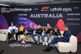 (L to R): Daniel Ricciardo (AUS) RB; Oscar Piastri (AUS) McLaren; Logan Sargeant (USA) Williams Racing; Esteban Ocon (FRA) Alpine F1 Team; Kevin Magnussen (DEN) Haas F1 Team; Sergio Perez (MEX) Red Bull Racing; and Tom Clarkson (GBR) Journalist, in the FIA Press Conference. 21.03.2024. Formula 1 World Championship, Rd 3, Australian Grand Prix, Albert Park, Melbourne, Australia, Preparation Day.