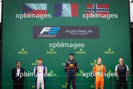 The podium (L to R): Roman Stanek (CZE) Trident, second; Isack Hadjar (FRA) Campos Racing, race winner; Dennis Hauger (DEN) MP Motorsport, third. 23.03.2024. FIA Formula 2 Championship, Rd 3, Sprint Race, Melbourne, Australia, Saturday.