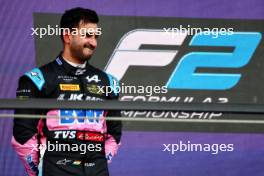 Kush Maini (IND) Invicta Racing celebrates his second position on the podium. 09.03.2024. FIA Formula 2 Championship, Rd 2, Feature Race, Jeddah, Saudi Arabia, Saturday.