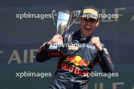 Race winner Arvid Lindblad (GBR) Prema Racing celebrates on the podium. 01.03.2024. FIA Formula 3 Championship, Rd 1, Sprint Race, Sakhir, Bahrain, Friday.